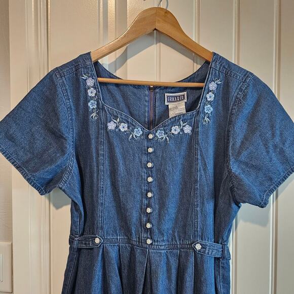 Vintage Erika & Co Denim Dress Women Lg 90s Maxi Blue Floral Cottage Granny - Picture 3 of 12